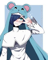 Rule 34 | 1girl, :3, blue background, blue eyes, blue hair, blue hat, blue nails, border, capelet, character name, commentary, cross-shaped pupils, digimon, digimon (creature), dress, english commentary, frilled sleeves, frills, hair over one eye, hat, hat with ears, highres, looking afar, nail polish, outside border, sakamuotoo, short hair, simple background, sistermon ciel, solo, standing, symbol-shaped pupils, v, white border, white capelet, white dress