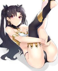 Rule 34 | 1girl, anklet, armlet, ass, bare arms, bare legs, bare shoulders, barefoot, black hair, black panties, black ribbon, black thighhighs, blush, breasts, bridal gauntlets, cleavage, collar, earrings, eyebrows, fate/grand order, fate (series), female focus, hair ribbon, highres, hoop earrings, ishtar (fate), jewelry, knees together feet apart, kyouki, leg hold, legs, legs up, long hair, looking at viewer, lying, on back, own hands together, panties, red eyes, revealing clothes, ribbon, shadow, simple background, single thighhigh, small breasts, solo, strapless, thighhighs, thighlet, toeless legwear, tohsaka rin, two side up, type-moon, underwear, white background