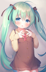 Rule 34 | 1girl, aged down, beamed eighth notes, blue eyes, blush, bow, brown bow, brown dress, brown shirt, collared shirt, commentary request, cowboy shot, dress, eighth note, flying sweatdrops, green hair, hair between eyes, hair bow, hands up, hatsune miku, heart, heart hands, highres, juliet sleeves, long hair, long sleeves, looking at viewer, musical note, parted lips, puffy sleeves, shirt, sidelocks, sleeveless, sleeveless dress, sleeves past wrists, smile, solo, twintails, usashiro mani, very long hair, vocaloid