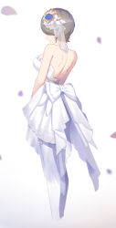 Rule 34 | 1girl, back, bare arms, bare shoulders, blue flower, bow, bride, brown hair, commentary request, dress, flower, hair flower, hair ornament, highres, honkai (series), honkai impact 3rd, large bow, liangfen, pantyhose, rita rossweisse, rita rossweisse (artemis), short hair, simple background, sleeveless, sleeveless dress, standing, strapless, strapless dress, wedding dress, white background, white bow, white dress