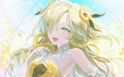 Rule 34 | 1girl, bare shoulders, blonde hair, blue sky, close-up, commentary request, dress, flower, gloves, grey hair, hair flower, hair ornament, hair over one eye, highres, isekai joucho, kamitsubaki studio, long hair, looking at viewer, multicolored hair, open mouth, petals, sketch, sky, sleeveless, sleeveless dress, smile, solo, two-tone hair, virtual youtuber, white eyes, white gloves, yellow flower, yur1ca