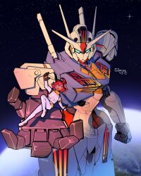 Rule 34 | 1girl, absurdres, arm at side, artist name, black hairband, blue eyes, bodysuit, clenched hand, commentary, cowlick, earth (planet), english commentary, foreshortening, gundam, gundam aerial, gundam suisei no majo, hair between eyes, hairband, highres, in orbit, looking up, mecha, mobile suit, normal suit, open hand, open mouth, outstretched arm, outstretched arms, pilot suit, planet, red hair, robot, science fiction, short eyebrows, signature, smile, space, spacesuit, spread arms, star (sky), suletta mercury, sumjag, teeth, thick eyebrows, upper teeth only, v-fin, white bodysuit, zero gravity