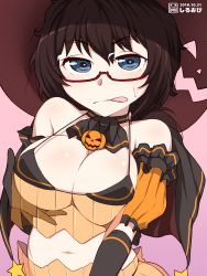 Rule 34 | 10s, 1girl, absurdres, black hair, blue eyes, grabbing another&#039;s breast, breasts, cleavage, girls und panzer, glasses, grabbing, halloween, hat, highres, large breasts, looking at viewer, midriff, navel, oryou (girls und panzer), pink background, shiroobi (whitebeltmaster), short hair, simple background, solo, sweat, tongue