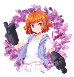 Rule 34 | 1girl, arm cannon, artist name, blue jacket, character name, fang, flower, gauntlets, hair tie, hand up, highres, jacket, lavender, lavender (monet930), looking at viewer, monet930, open clothes, open jacket, orange hair, original, purple eyes, short hair, skirt, solo, upper body, weapon, white skirt, zipper