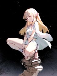 Rule 34 | 1girl, ankle cuffs, barefoot, black background, blush, book, book stack, breasts, brooch, brown eyes, closed mouth, commentary, crop top, elf, from side, highres, jacket, jacket on shoulders, jewelry, long hair, looking at viewer, low-tied sidelocks, medium breasts, midriff, mixed-language commentary, own hands together, pointy ears, serie (sousou no frieren), seuhyo99, shirt, shorts, sidelocks, sketch, smile, solo, sousou no frieren, squatting, tareme, v arms, white jacket, white shirt, white shorts, wrist cuffs