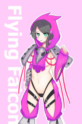 Rule 34 | 1girl, animal, arm warmers, armor, bird, black hair, black panties, blush, breasts, detached pants, falcon, flying falcon, green eyes, grey armor, highleg, highleg panties, highres, hood, kamen rider, kamen rider 01 (series), kamen rider jin, long hair, medium breasts, navel, open mouth, panties, personification, pink background, pink shorts, revealing clothes, rider-tan, shorts, skull, standing, thigh strap, underwear, wire