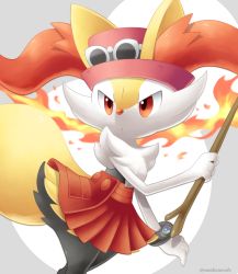 Rule 34 | animal ear fluff, bracelet, braixen, closed mouth, clothed pokemon, commentary request, cosplay, creatures (company), eyewear on headwear, fire, game freak, gen 6 pokemon, hand up, hat, highres, holding, holding stick, jewelry, looking to the side, nintendo, orange eyes, orange skirt, pink hat, pleated skirt, pokemon, pokemon xy, sasabunecafe, serena (pokemon), serena (pokemon) (cosplay), skirt, solo, stick, sunglasses, twitter username, white-framed eyewear, white fur