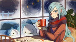 Rule 34 | 1boy, book, chair, chocojax, closed mouth, commentary request, creatures (company), cup, game freak, gen 8 pokemon, green eyes, green hair, grusha (pokemon), hand up, highres, holding, holding cup, indoors, long hair, long sleeves, looking at viewer, male focus, mug, night, nintendo, patreon logo, pokemon, pokemon (creature), pokemon sv, scarf, sitting, smile, snom, striped clothes, striped scarf, table, twitch logo, twitter logo, window