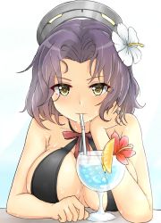 Rule 34 | 10s, 1girl, azuhira, bendy straw, bikini, black bikini, breasts, brown eyes, cleavage, cup, drinking, drinking straw, flower, hair flower, hair ornament, halo, highres, jewelry, kantai collection, large breasts, looking at viewer, mechanical halo, purple hair, ring, short hair, simple background, solo, swimsuit, tatsuta (kancolle), wedding band, wet, white background