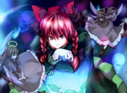 Rule 34 | 3girls, animal ears, bow, braid, cat ears, cat girl, cat tail, female focus, hair bow, hair ribbon, kaenbyou rin, multiple girls, multiple tails, red eyes, red hair, ribbon, short hair, tail, tewisen, touhou, twin braids, twintails, zombie fairy (touhou)