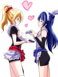 Rule 34 | 10s, 2girls, apron, ayase eli, blonde hair, blue eyes, blue hair, blush, box, closed eyes, commentary request, cowboy shot, earrings, from side, gift, gift box, hair between eyes, heart, holding, holding gift, incoming gift, jewelry, long hair, looking at another, love live!, love live! school idol project, maid, maid apron, maid headdress, mogyutto &quot;love&quot; de sekkin chuu!, multiple girls, ponytail, ribbon, simple background, skirt, smile, sonoda umi, standing, urutsu sahari, valentine, white background