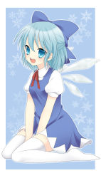 Rule 34 | 1girl, bad id, bad pixiv id, blue eyes, blue hair, bow, cirno, etou (cherry7), female focus, full body, hair bow, highres, matching hair/eyes, short hair, solo, embodiment of scarlet devil, thighhighs, touhou, wings