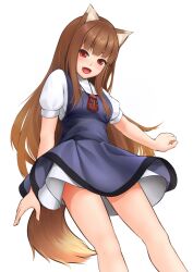 Rule 34 | 1girl, :d, animal ear fluff, animal ears, arm at side, blue dress, blunt bangs, blush, brown hair, commentary, dress, eyebrows hidden by hair, fang, feet out of frame, floating clothes, from below, hand up, happy, holo, jewelry, kirishima itsuki, long hair, looking at viewer, necklace, open mouth, pinafore dress, pleated skirt, red eyes, shirt, short dress, sidelocks, simple background, skirt, sleeveless, sleeveless dress, smile, solo, spice and wolf, standing, straight hair, tail, thighs, very long hair, white background, white shirt, wolf ears, wolf girl, wolf tail