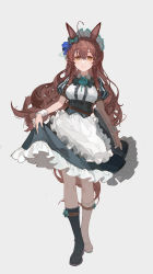 Rule 34 | 1girl, absurdres, ahoge, alternate costume, animal ears, apron, asymmetrical footwear, boots, bow, bowtie, braid, breasts, brown hair, center frills, ciloranko, closed mouth, collared shirt, corset, ear bow, frills, full body, green skirt, grey background, highres, holding, holding tray, horse ears, lips, long hair, looking at viewer, maid, maid headdress, medium breasts, mejiro bright (umamusume), puffy short sleeves, puffy sleeves, shirt, short sleeves, simple background, skirt, skirt hold, smile, solo, tray, umamusume, upper body, waist apron, wrist cuffs, yellow eyes