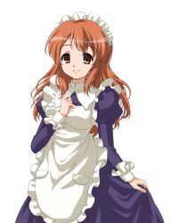 Rule 34 | 1girl, apron, asahina mikuru, ayuyu0821, brown eyes, closed mouth, cowboy shot, dress, highres, long hair, long sleeves, looking at viewer, maid, maid apron, maid headdress, official alternate costume, orange hair, puffy long sleeves, puffy sleeves, purple dress, second-party source, simple background, smile, solo, standing, suzumiya haruhi no yuuutsu, white background