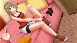 Rule 34 | 1girl, :o, bare arms, bare shoulders, black shorts, blue eyes, blush, brown hair, camisole, commission, creatures (company), curtains, dutch angle, game freak, gen 3 pokemon, hair between eyes, highres, indoors, kazenokaze, knee up, may (pokemon), nintendo, no shoes, on bed, parted lips, pillow, poke ball, poke ball (basic), pokemon, pokemon oras, red camisole, red socks, short shorts, shorts, shorts under shorts, sidelocks, sitting, skitty, sock pull, socks, solo, white shorts, wooden floor