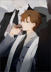 Rule 34 | 5boys, ahoge, arm up, axis powers hetalia, bad id, bad pixiv id, black suit, border, brown eyes, brown hair, cigar, colored eyelashes, formal, grey background, hair between eyes, hair intakes, head out of frame, height difference, holding, lirica, long sleeves, male focus, messy hair, multiple boys, necktie, old, old man, parted lips, scarf, smoking, solo focus, southern italy (hetalia), suit, white hair