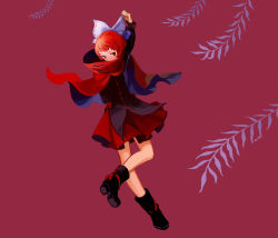 Rule 34 | 1girl, boots, bow, cape, full body, hair bow, iwamoto zerogo, leaf, long sleeves, looking at viewer, nukekubi, red background, red eyes, red hair, ribbon, sekibanki, severed head, short hair, signature, simple background, skirt, solo, touhou