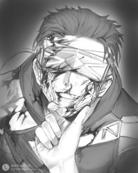 Rule 34 | 1boy, 1other, animification, apex legends, blood, blood on arm, blood on face, broken mask, duoqing hanzhe, fast fashion octane, goggles, greyscale, hair behind ear, hair slicked back, hand on another&#039;s chin, head-mounted display, highres, jacket, lofter logo, lofter username, looking at viewer, male focus, mask, monochrome, octane (apex legends), official alternate costume, pov, smile, solo focus, watermark