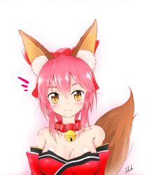Rule 34 | 1girl, animal ears, artist name, bare shoulders, bell, blush, bow, breasts, cleavage, collar, collarbone, commentary request, detached sleeves, fate/grand order, fate (series), fox ears, fox tail, gradient background, hair bow, hair ribbon, japanese clothes, large breasts, light smile, looking at viewer, neck bell, pink hair, portrait, potato (chenghungchai), ribbon, shiny skin, signature, solo, tail, tamamo (fate), tamamo cat (fate), tamamo cat (first ascension) (fate), tamamo no mae (fate/extra), white background, yellow eyes