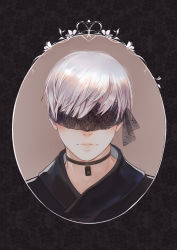 Rule 34 | 1boy, absurdres, backpack, bag, black blindfold, black jacket, black neckwear, blindfold, choker, closed mouth, covered eyes, fuwaffy, highres, jacket, lace, lace-trimmed blindfold, lace trim, lips, looking at viewer, male focus, nier:automata, nier (series), nose, pink lips, portrait, short hair, silver hair, solo, strap, upper body, 9s (nier:automata)