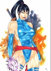Rule 34 | 1girl, adapted costume, alternate hairstyle, artist request, black hair, blue leotard, breasts, curvy, glowing, glowing hand, high ponytail, highleg, highleg leotard, highres, large breasts, leotard, lips, long hair, looking at viewer, looking back, marvel, psylocke, red sash, sash, shiny skin, skindentation, solo, thong leotard, very long hair, weapon, wide hips, x-men