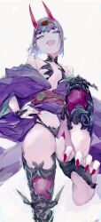 Rule 34 | 1girl, bare shoulders, breasts, eyeliner, fate/grand order, fate (series), headpiece, highres, horns, japanese clothes, kimono, looking at viewer, lousun, makeup, oni, open mouth, purple eyes, purple hair, purple kimono, short hair, shuten douji (fate), skin-covered horns, small breasts, solo