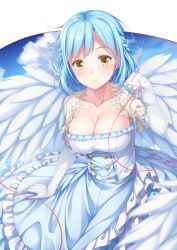 Rule 34 | 1girl, blue hair, blue skirt, blue sky, blush, breasts, brown eyes, cleavage, cloud, cloudy sky, collarbone, commentary request, day, elbow gloves, feathered wings, frilled gloves, frilled skirt, frills, gloves, hand up, highres, large breasts, layered skirt, looking at viewer, moira (nijisanji), mole, mole on breast, mole under eye, nijisanji, parted lips, pinky out, shirt, skirt, sky, solo, strapless, string, string around finger, string of fate, virtual youtuber, white gloves, white shirt, white wings, wings, yuuri nayuta