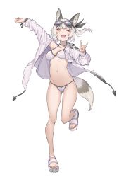 Rule 34 | 1girl, ;d, animal ears, arm up, bare legs, bikini, breasts, bright pupils, cleavage, copyright request, dj rio, eyewear on head, facial mark, fangs, fox shadow puppet, highres, jewelry, medium breasts, mogumo, nail polish, navel, necklace, o-ring, o-ring bikini, o-ring bottom, one eye closed, one side up, open clothes, open mouth, open shirt, sandals, short hair, simple background, smile, solo, standing, standing on one leg, swimsuit, tail, toenail polish, toenails, virtual youtuber, white background, white bikini, white hair, yellow eyes