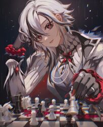 Rule 34 | 1girl, arlecchino (genshin impact), black hair, black nails, chess piece, chessboard, chromatic aberration, commentary, fingernails, genshin impact, hair between eyes, highres, holding chess piece, jacket, jewelry, long hair, long sleeves, looking at viewer, multicolored hair, multiple rings, nail polish, red nails, ring, smile, solo, streaked hair, symbol in eye, two-tone hair, upper body, white hair, white jacket, zerotabi1210