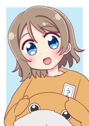 Rule 34 | 1girl, aqua eyes, artist name, artist request, blue eyes, blush, brown hair, costume, female focus, grey hair, hair between eyes, highres, holding, light brown hair, looking at viewer, love live!, love live! sunshine!!, parted lips, short hair, smile, solo, supi0906, walrus costume, watanabe you