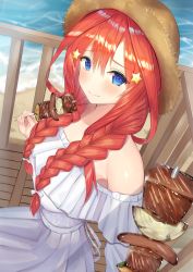 Rule 34 | 1girl, ahoge, balcony, bare shoulders, beach, blue eyes, blush, bow, braid, breasts, commentary request, day, dress, food, from above, go-toubun no hanayome, hair between eyes, hair bow, hair intakes, hair ornament, hat, highres, holding, holding food, holding skewer, kebab, large breasts, long hair, long sleeves, looking at viewer, low twin braids, meat, nakano itsuki, nyaa28, ocean, off-shoulder dress, off shoulder, onion, red hair, ribbon, sausage, skewer, smile, solo, star (symbol), star hair ornament, straw hat, twin braids, white bow, white dress, white ribbon, wooden floor