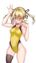 Rule 34 | 1girl, absurdres, aiuti, black thighhighs, blonde hair, blue eyes, collarbone, competition swimsuit, cowboy shot, girls&#039; frontline, highleg, highleg swimsuit, highres, long hair, looking at viewer, one-piece swimsuit, parted lips, simple background, single thighhigh, skorpion (girls&#039; frontline), solo, swimsuit, thighhighs, twintails, white background, yellow one-piece swimsuit