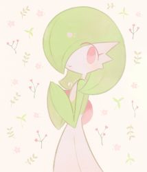 Rule 34 | 1girl, beige background, blush, bob cut, choker, closed mouth, colored skin, cowboy shot, creatures (company), female focus, flat chest, floral background, flower, from side, game freak, gardevoir, gem, gen 3 pokemon, green hair, green skin, hair over one eye, hands up, happy, heart, lace, lace choker, light blush, looking at viewer, lotosu, mega stone, multicolored skin, nintendo, own hands together, pink flower, pokemon, pokemon (creature), red flower, short hair, smile, solo, standing, two-tone skin, white choker, white skin