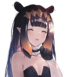 Rule 34 | 1girl, :d, ^ ^, bare shoulders, betabeet, black gloves, black hair, blunt bangs, blush, closed eyes, detached sleeves, facing viewer, flat chest, fur collar, gloves, gradient hair, hand up, highres, hololive, hololive english, long hair, long sleeves, mole, mole under eye, motion lines, multicolored hair, ninomae ina&#039;nis, ninomae ina&#039;nis (1st costume), open mouth, orange hair, simple background, single detached sleeve, smile, solo, strapless, tentacle hair, upper body, virtual youtuber, white background