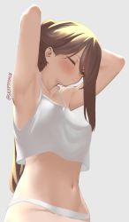 Rule 34 | 1girl, armpits, bare arms, blush, breasts, brown hair, closed eyes, closed mouth, collarbone, commentary, crop top, dated commentary, grey background, long hair, medium breasts, navel, original, panties, simple background, sitting, skeptycally, solo, tank top, twitter username, tying hair, underwear, underwear only, white panties, white tank top