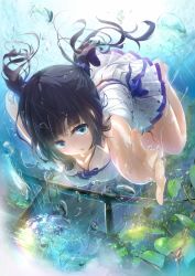 Rule 34 | 1girl, air bubble, aqua eyes, barefoot, black hair, breasts, bubble, diving, dress, freediving, hair ribbon, highres, leaf, long hair, looking at viewer, md5 mismatch, open mouth, original, revision, ribbon, solo, swimming, twintails, underwater, underwear, water, wet, wingheart