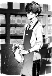 Rule 34 | 1boy, amamiya ren, apron, black apron, black hair, black pants, chair, coffee pot, glasses, greyscale, kettle, koto (gamelife506), looking at viewer, male focus, monochrome, pants, persona, persona 5, short hair, sleeves rolled up, watch