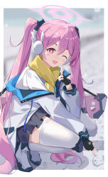 Rule 34 | + +, 1girl, black gloves, blue archive, border, collared shirt, fang, fingerless gloves, gloves, halo, highres, jacket, knee pads, koyuki (blue archive), long hair, looking at viewer, one eye closed, open mouth, outside border, pink eyes, pink hair, scarf, serika, shirt, skin fang, snow, snowing, solo, squatting, thighhighs, twintails, two-sided fabric, two-sided jacket, very long hair, white border, white footwear, white jacket, white shirt, white thighhighs, yellow scarf, zettai ryouiki