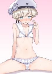 Rule 34 | 1girl, bikini, bikini skirt, blue eyes, clothes writing, embarrassed, feet out of frame, gradient background, hat, kantai collection, kumadano, looking at viewer, navel, pink background, sailor bikini, sailor collar, sailor hat, short hair, silver hair, solo, spread legs, swimsuit, v, white background, white bikini, white hat, white sailor collar, z1 leberecht maass (kancolle)