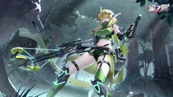 Rule 34 | 1girl, arrow (projectile), blonde hair, bow (weapon), breasts, copyright name, crossbow, detached sleeves, elf, elfin, feet out of frame, fingerless gloves, gloves, green eyes, gun, highres, holding, holding gun, holding sword, holding weapon, kneehighs, long hair, looking at viewer, medium breasts, medium hair, midriff, navel, official art, official wallpaper, pointy ears, quiver, rapier, scarf, scope, shorts, socks, starward, strap, sword, tree, weapon, wolf