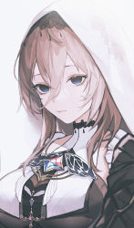 Rule 34 | 1girl, absurdres, aponia (honkai impact), black dress, blue eyes, breasts, brooch, commentary, detached sleeves, dress, empty eyes, expressionless, fanshu, film grain, frown, highres, honkai (series), honkai impact 3rd, jewelry, large breasts, light brown hair, long hair, mole, mole under eye, muted color, simple background, solo, upper body, veil, white background