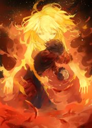 Rule 34 | 1boy, 1girl, black hair, blonde hair, closed mouth, fire, from side, imoko (imonatsuki), long hair, marseus, outstretched arms, smile, sparks, unlight