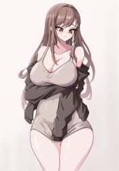 Rule 34 | 1girl, arm under breasts, bare shoulders, blush, breasts, brown hair, cardigan, collarbone, covering crotch, covering privates, dongtan dress, goddess of victory: nikke, highres, large breasts, long hair, meme attire, open cardigan, open clothes, orange eyes, rapi (nikke), solo, thighs, yoonsun