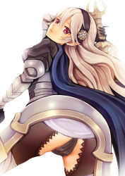 Rule 34 | 1girl, armor, ass, black panties, breasts, cape, corrin (female) (fire emblem), corrin (fire emblem), fire emblem, fire emblem fates, gauntlets, hairband, long hair, nintendo, panties, pantyshot, pointy ears, red eyes, smile, solo, sword, teruru, underwear, weapon, white hair