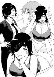 Rule 34 | 1girl, ass, black hair, breasts, chainsaw man, cigarette, cleavage, eyepatch, himeno (chainsaw man), kei dragonsheaven, large breasts, monochrome, panties, tank top, underwear, white panties