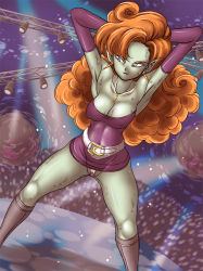 Rule 34 | 1girl, armpits, arms behind back, arms behind head, arms up, belt, blue eyes, boots, breasts, cleavage, dragon ball, dragonball z, dress, dutch angle, earrings, elbow gloves, covered erect nipples, gloves, jewelry, large breasts, miniskirt, necklace, orange hair, outdoors, panties, short dress, skirt, sweat, takimoto dojo, underwear, zangya