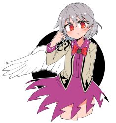 Rule 34 | 1girl, beige jacket, blush, cowboy shot, cropped legs, dress, feathered wings, grey hair, hair between eyes, ini (inunabe00), jacket, kishin sagume, long sleeves, open clothes, open jacket, parted lips, purple dress, red eyes, short hair, single wing, solo, touhou, white wings, wings