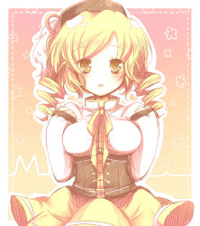 Rule 34 | 10s, 1girl, arms up, bad id, bad pixiv id, beret, blonde hair, blush, breasts, drill hair, female focus, gradient background, hat, long hair, magical girl, mahou shoujo madoka magica, mahou shoujo madoka magica (anime), sanotsuki, skirt, solo, tomoe mami, twin drills, twintails, yellow eyes