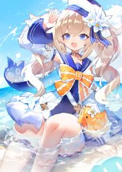 Rule 34 | 1girl, arm support, arm up, bag, barbara (genshin impact), barbara (summertime sparkle) (genshin impact), beach, blonde hair, blue choker, blue eyes, blue one-piece swimsuit, blue sailor collar, bow, choker, detached sleeves, flower, genshin impact, hat, highres, long hair, mamuru, ocean, official alternate costume, one-piece swimsuit, open mouth, outdoors, partially submerged, sailor collar, sailor hat, shoulder, sitting, smile, solo, splashing, swimsuit, swimsuit under clothes, thigh strap, twintails, white flower